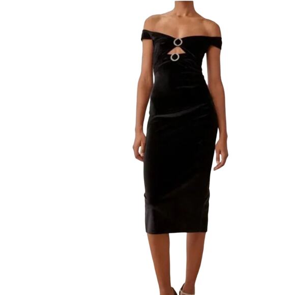 Reformation Lantern Velvet Midi Dress Embellished Cutout Bardot Off the Shoulder - Picture 8 of 12